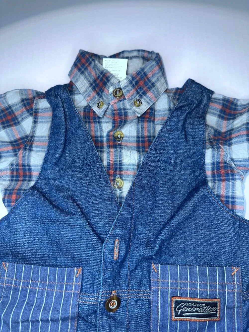 Vintage Baby Bonjour Lightweight Denim Romper & Plaid Shirt Overalls 12 mo.